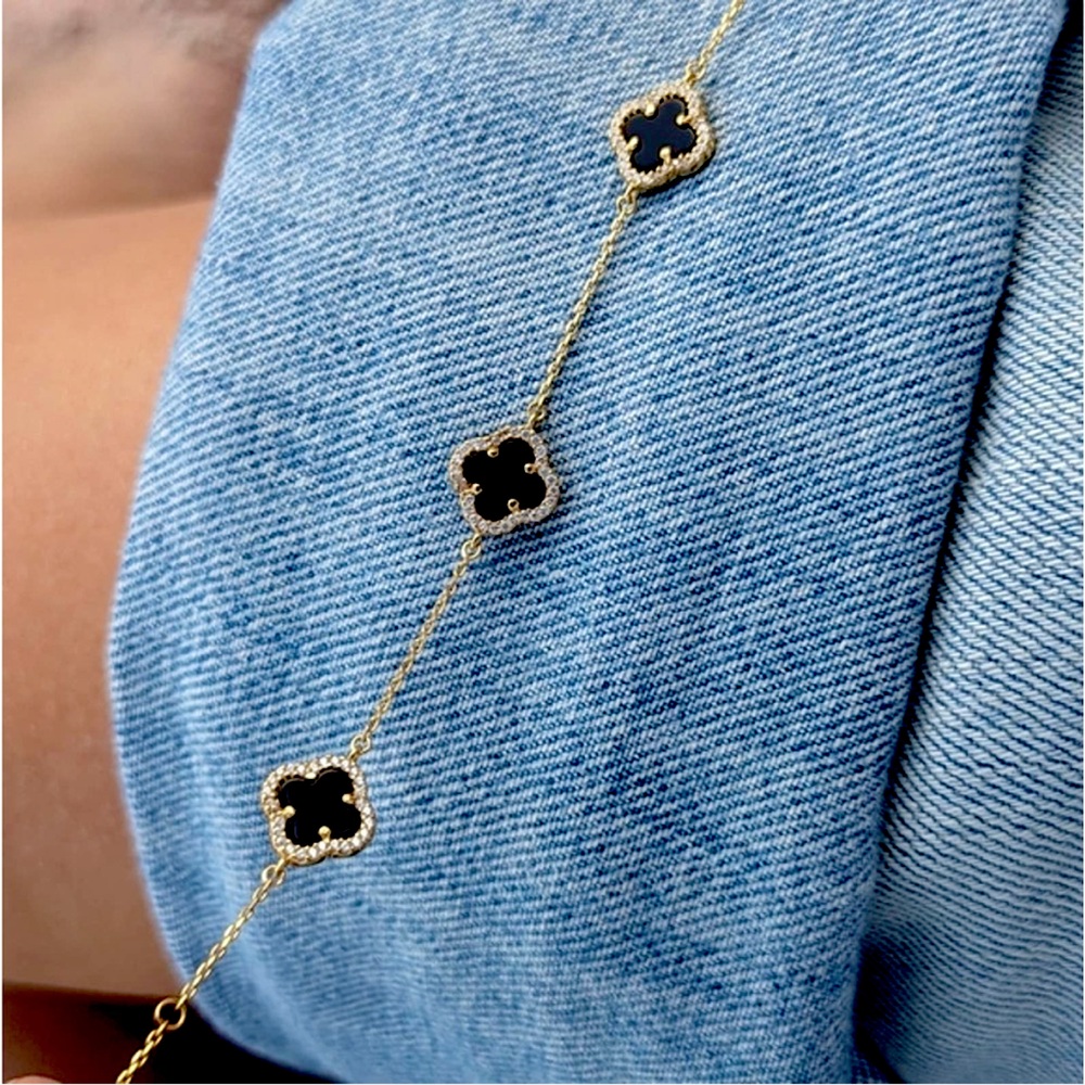 NEW Rachel Zoe Collection Black Clover 18K Gold Plated Sterling Silver Bracelet